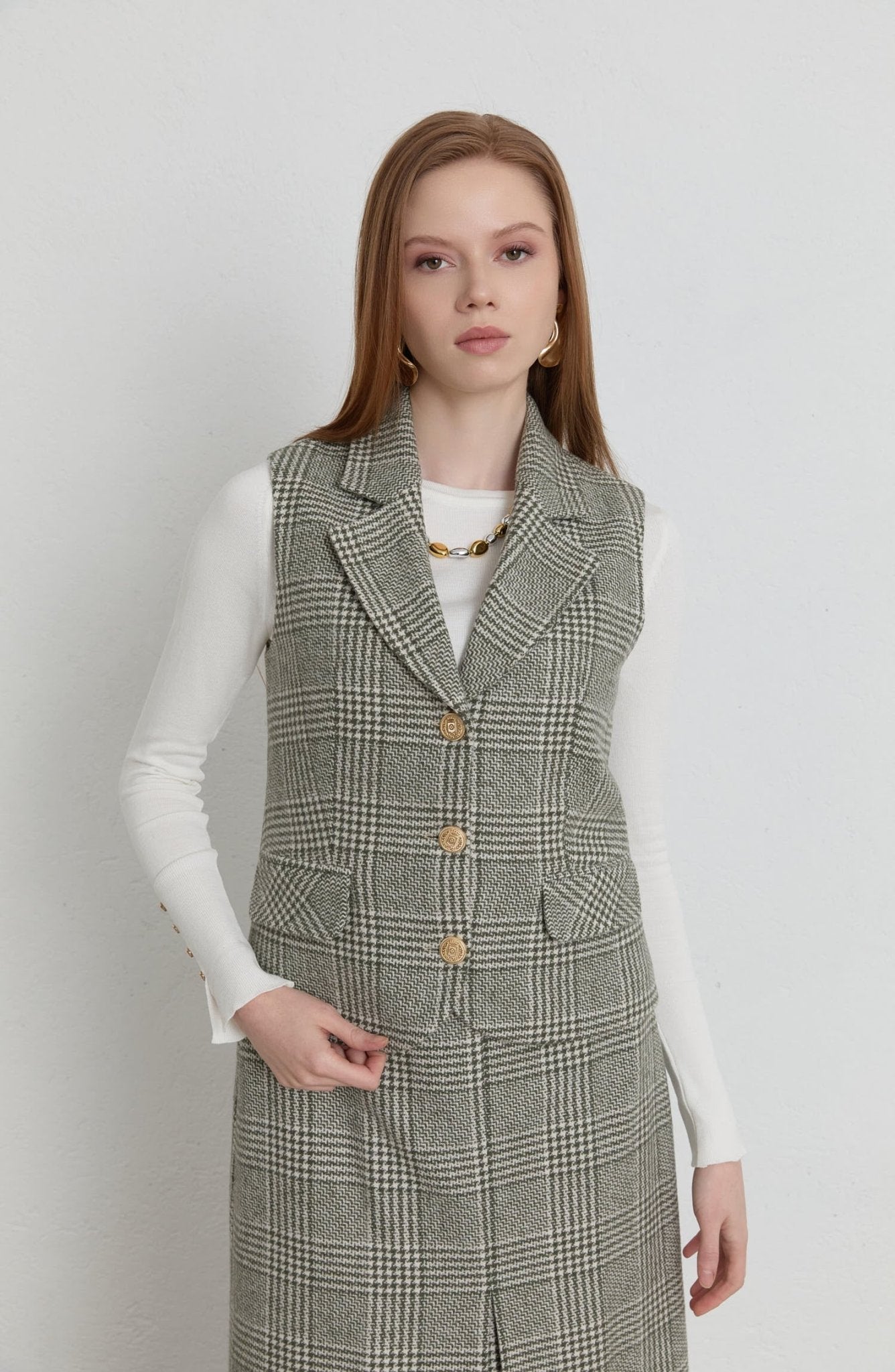 Ekose Kazayağı Blazer Haki Yelek Etek Takım - Fatma Atasoy