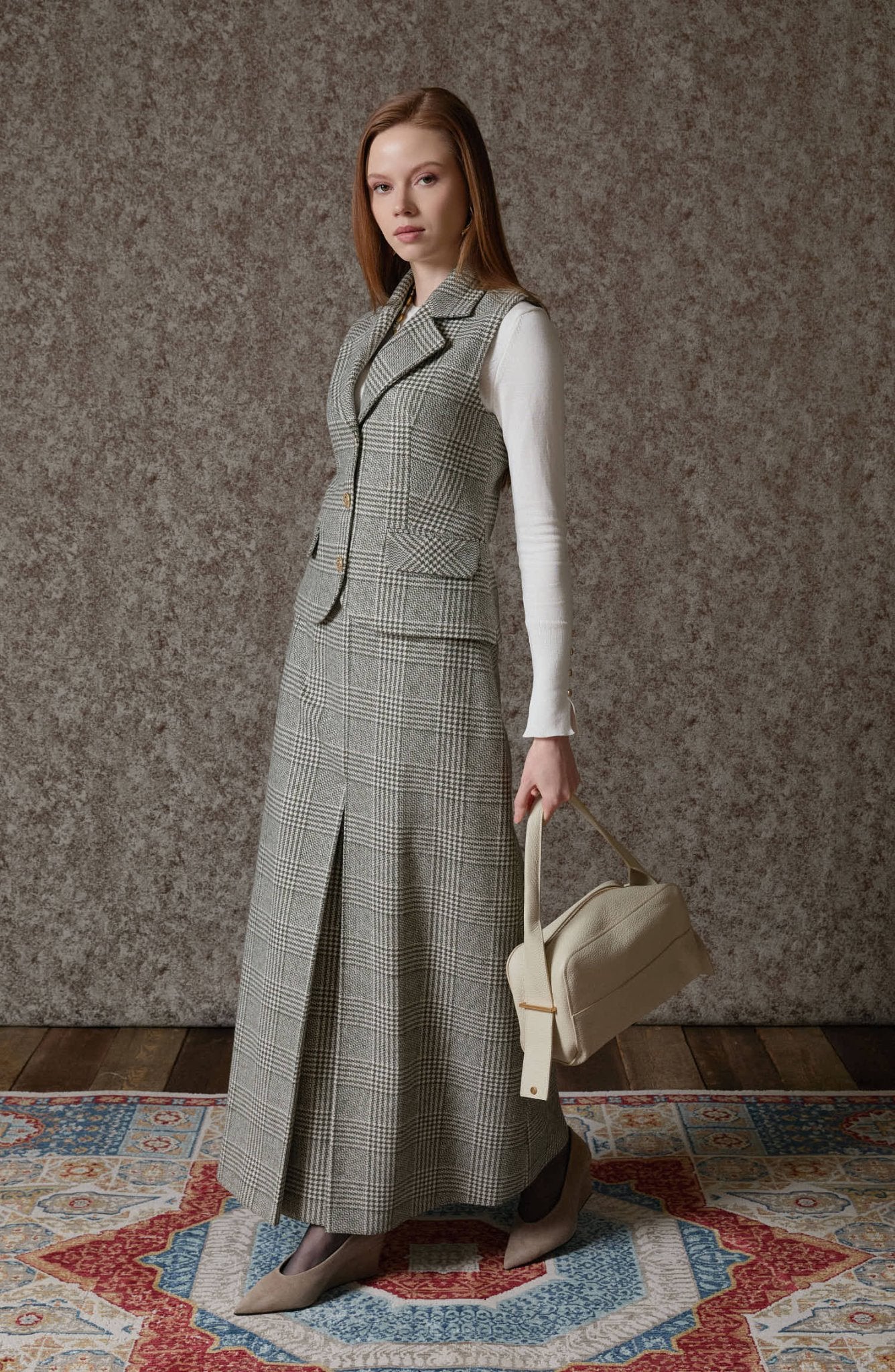 Ekose Kazayağı Blazer Haki Yelek Etek Takım - Fatma Atasoy