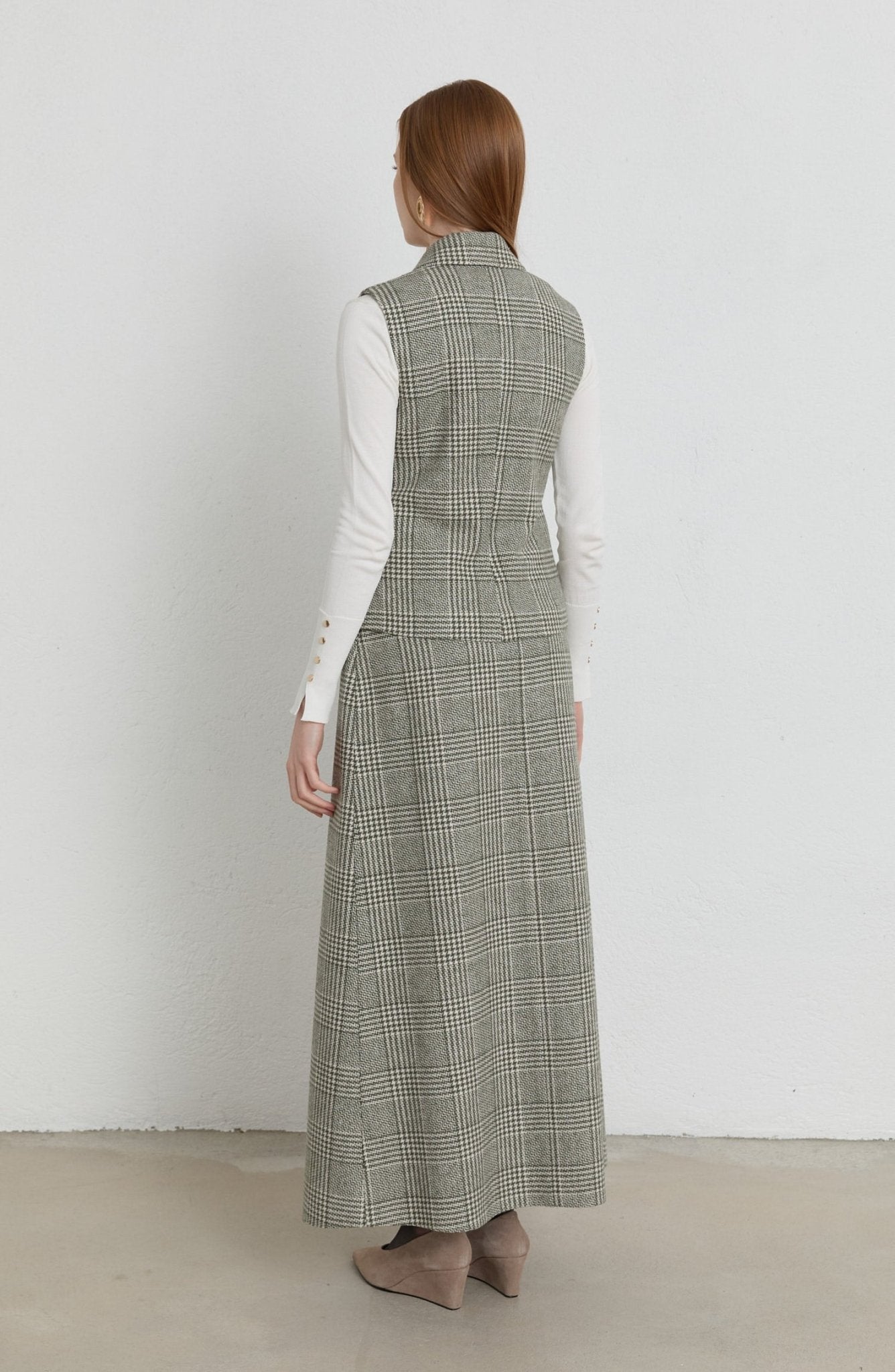 Ekose Kazayağı Blazer Haki Yelek Etek Takım - Fatma Atasoy