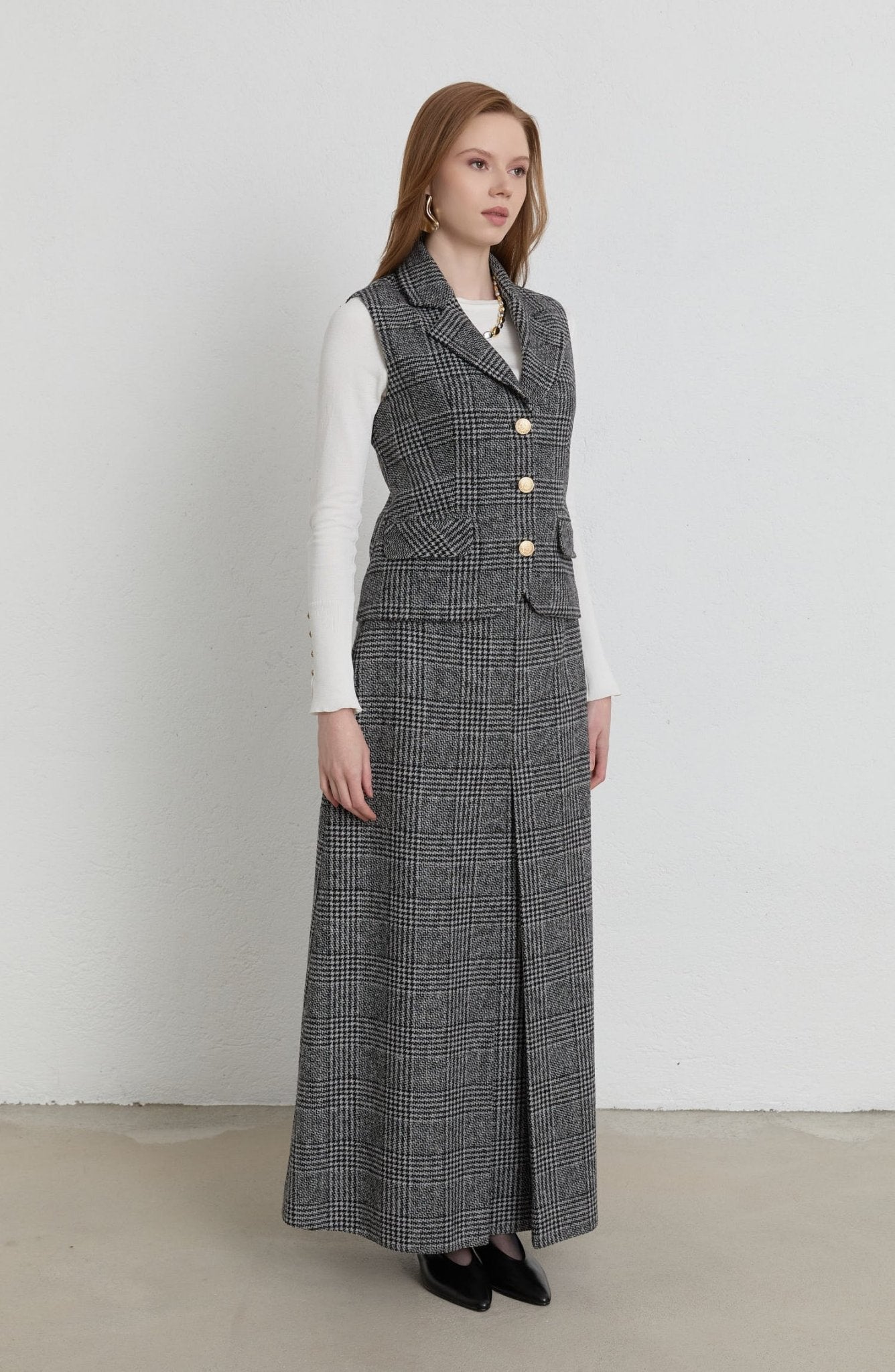 Ekose Kazayağı Blazer Siyah Yelek Etek Takım - Fatma Atasoy