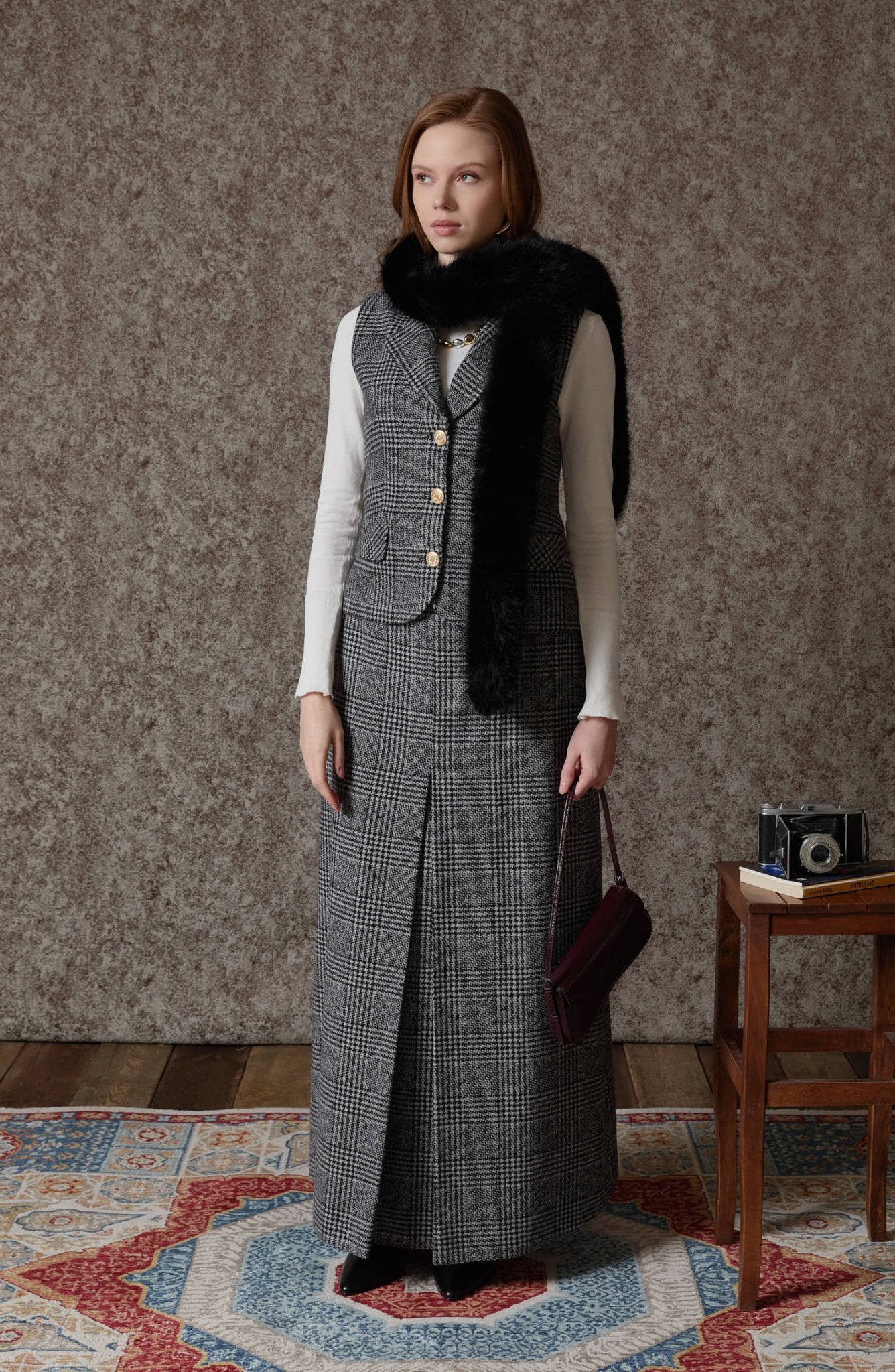 Ekose Kazayağı Blazer Siyah Yelek Etek Takım - Fatma Atasoy