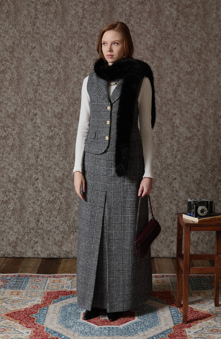 Ekose Kazayağı Blazer Siyah Yelek Etek Takım - Fatma Atasoy