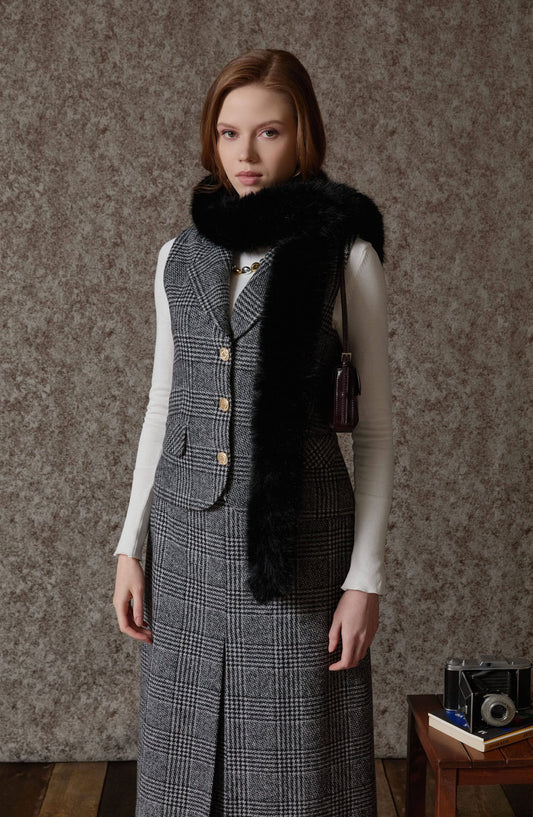 Ekose Kazayağı Blazer Siyah Yelek Etek Takım - Fatma Atasoy