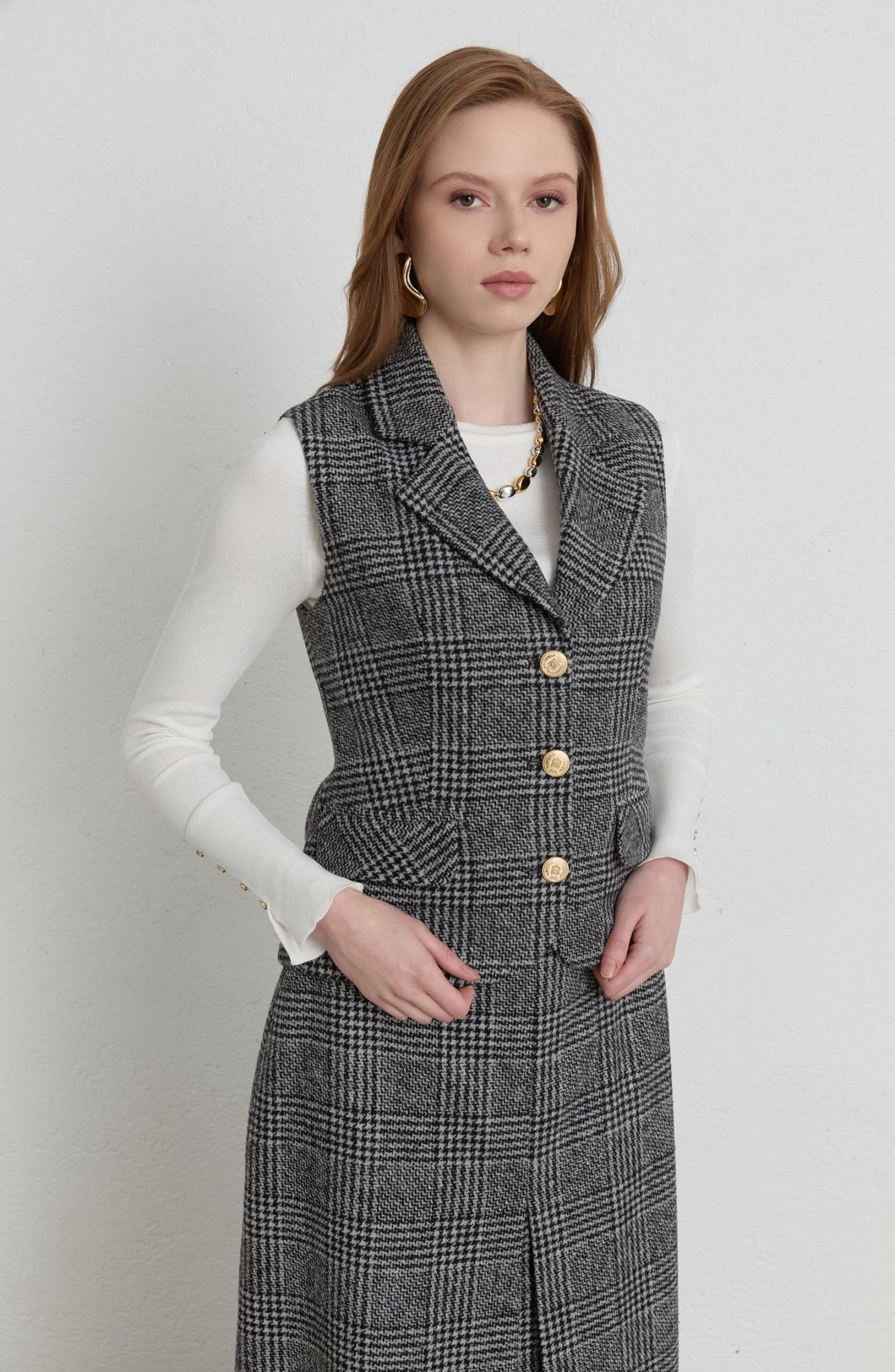 Ekose Kazayağı Blazer Siyah Yelek Etek Takım - Fatma Atasoy