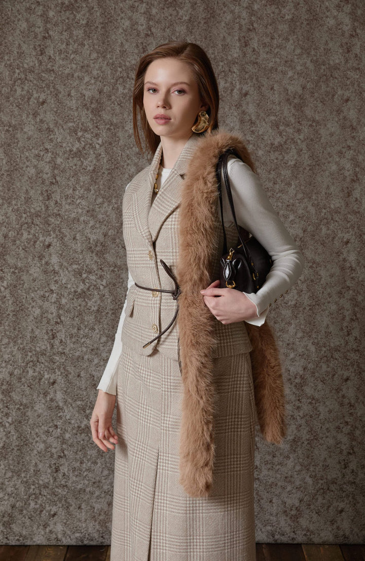 Ekose Kazayağı Blazer Taş Yelek Etek Takım - Fatma Atasoy