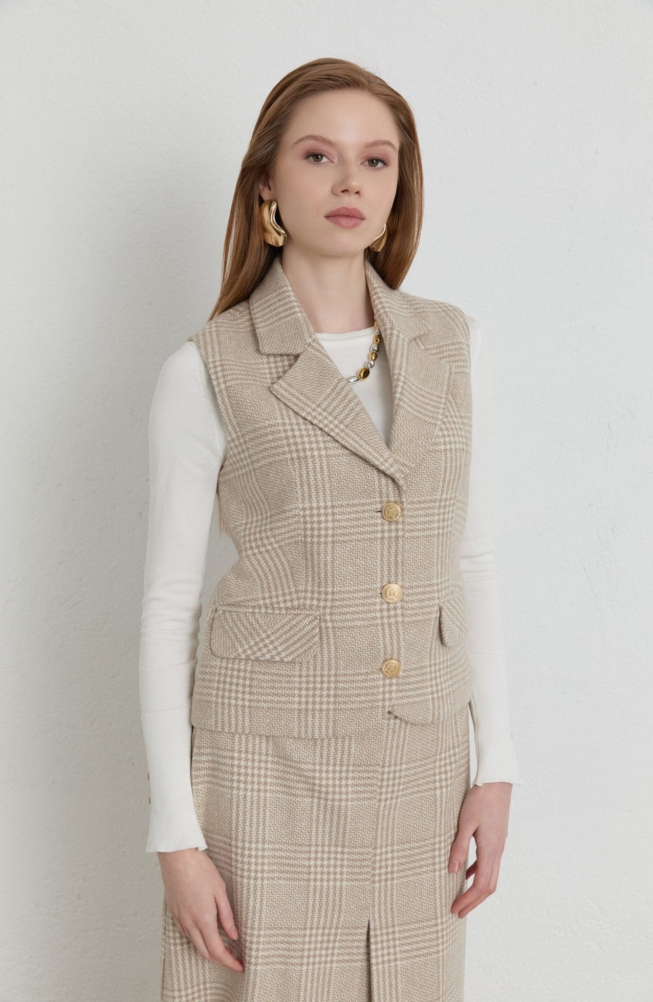 Ekose Kazayağı Blazer Taş Yelek Etek Takım - Fatma Atasoy