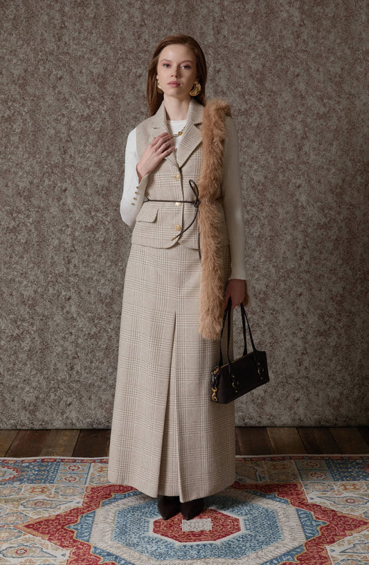 Ekose Kazayağı Blazer Taş Yelek Etek Takım - Fatma Atasoy