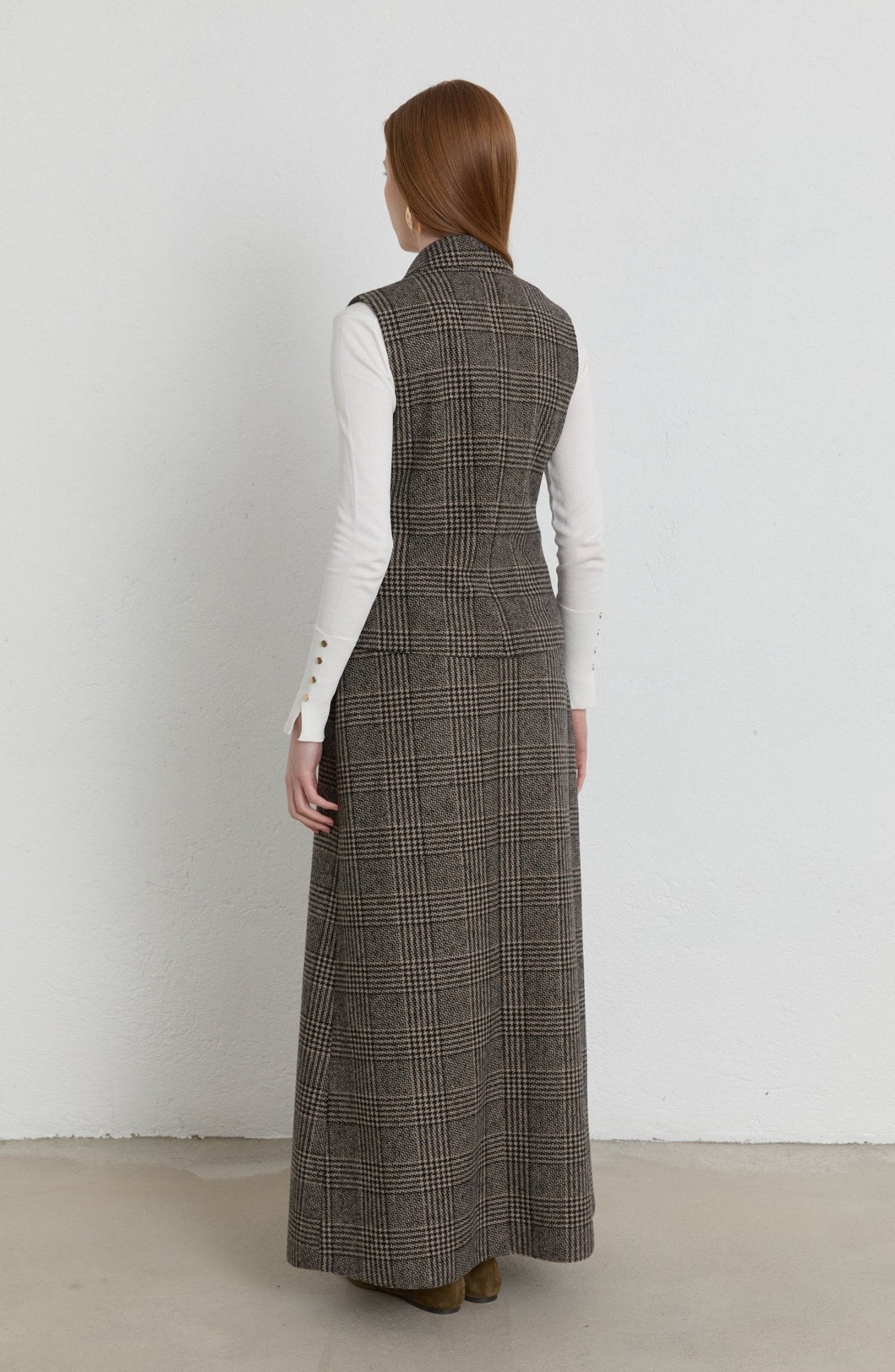 Ekose Kazayağı Blazer Vizon Yelek Etek Takım - Fatma Atasoy