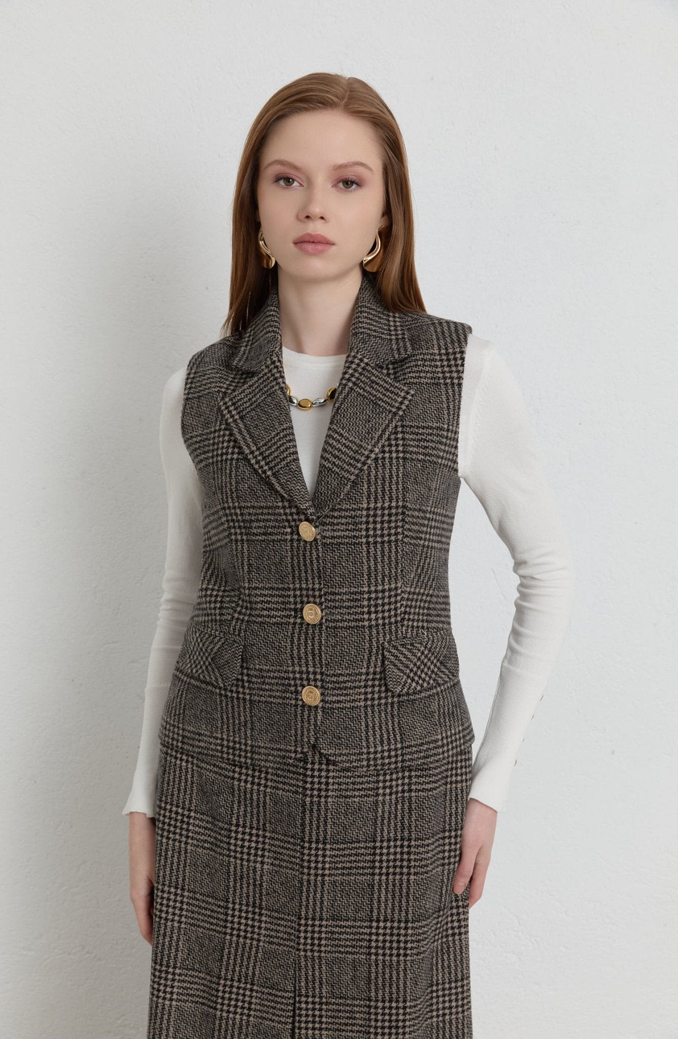 Ekose Kazayağı Blazer Vizon Yelek Etek Takım - Fatma Atasoy