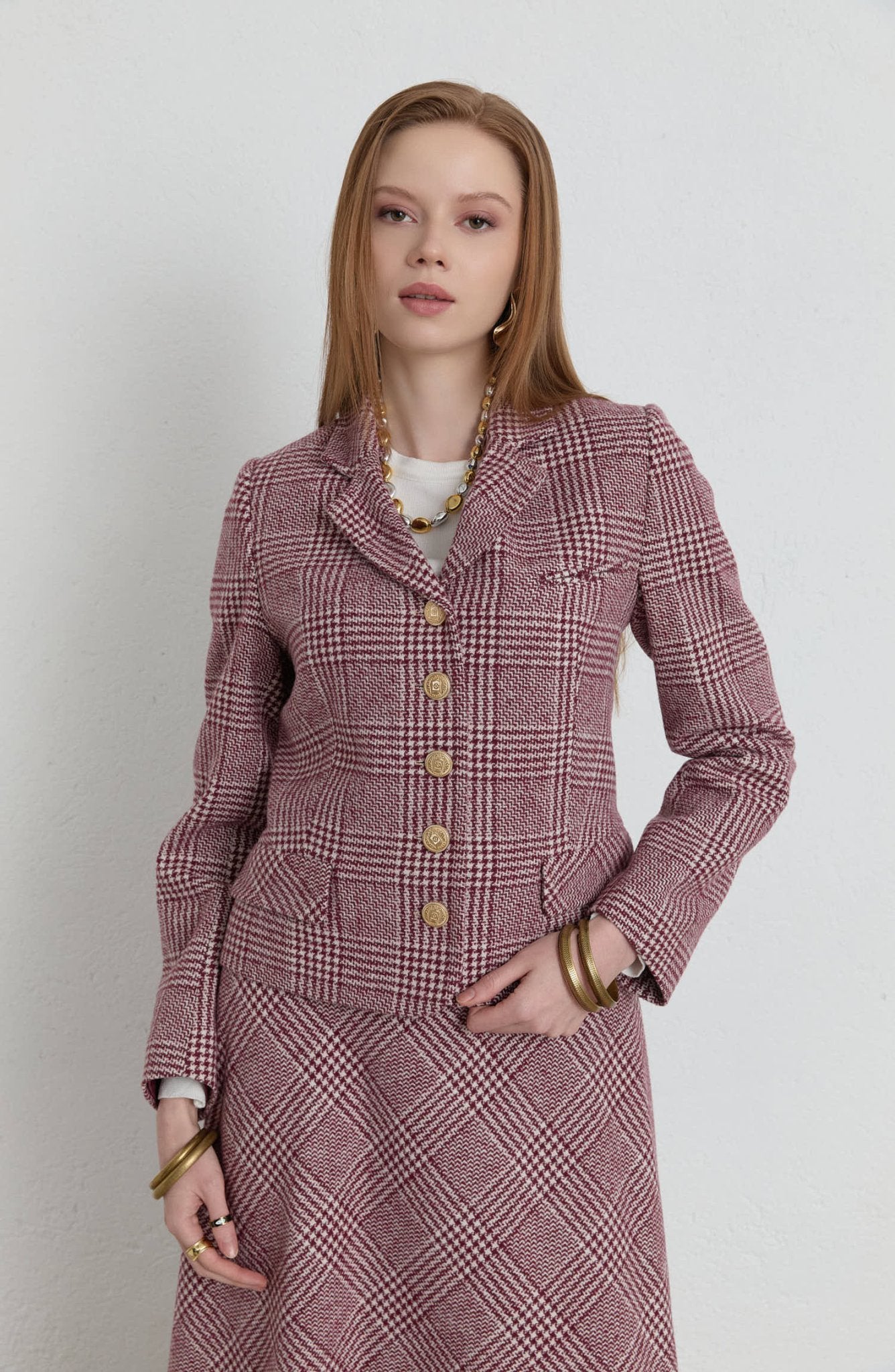 Ekose Kazayağı Bordo Blazer Ceket Etek Takım - Fatma Atasoy