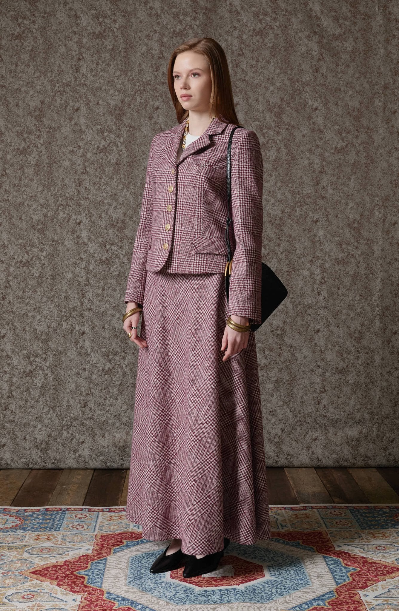 Ekose Kazayağı Bordo Blazer Ceket Etek Takım - Fatma Atasoy