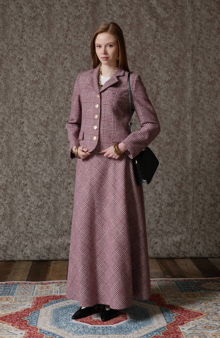 Ekose Kazayağı Bordo Blazer Ceket Etek Takım - Fatma Atasoy