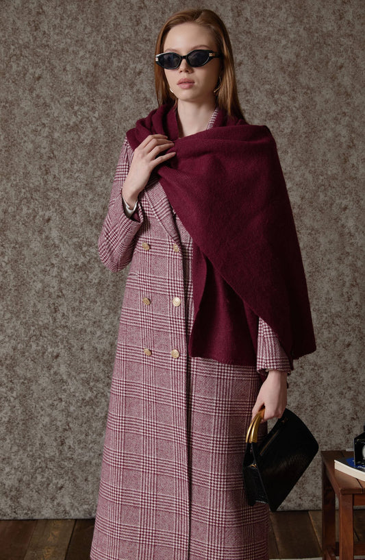 Ekose Kazayağı Bordo Blazer Maksi Ceket Kaban - Fatma Atasoy