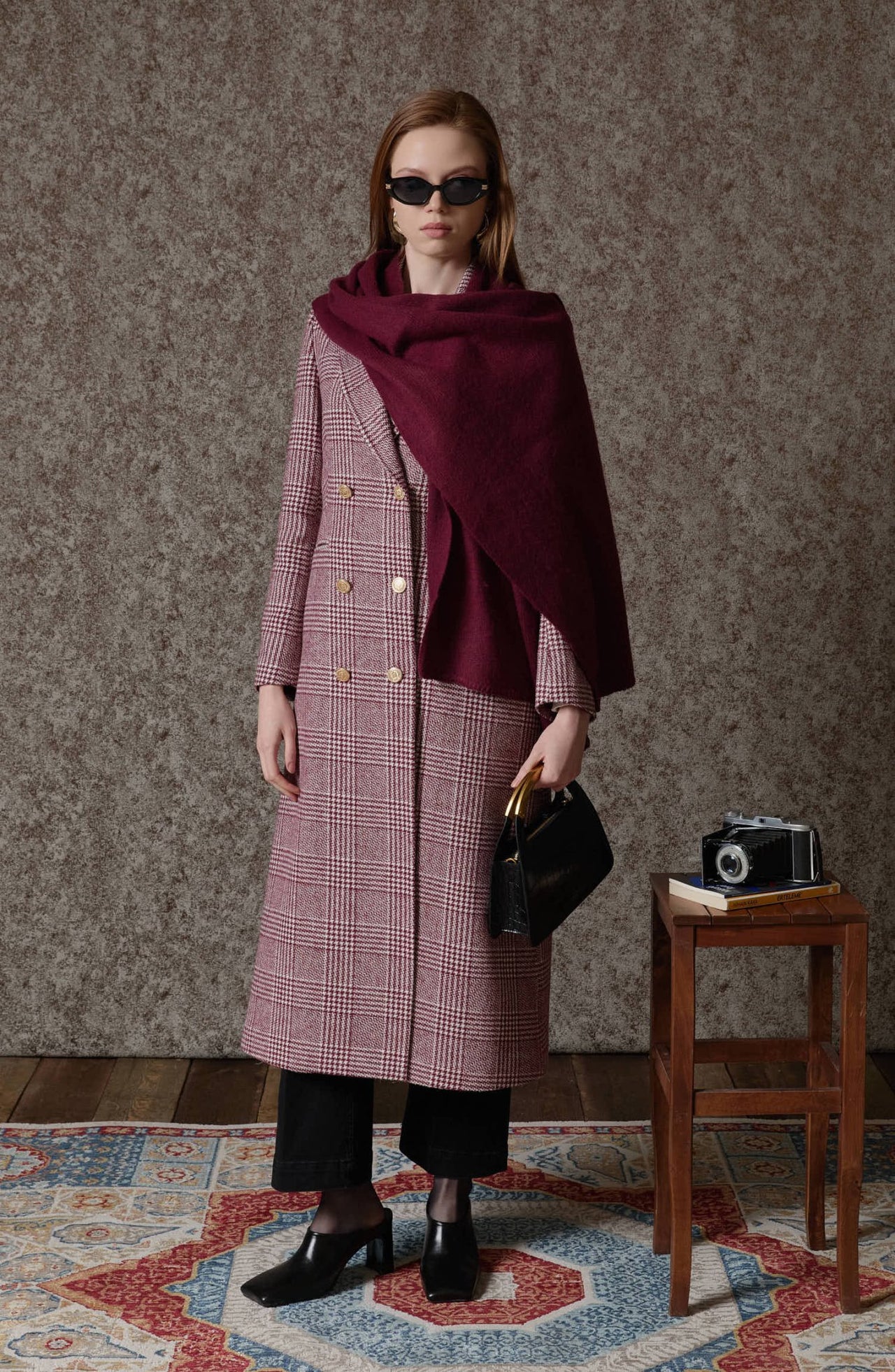 Ekose Kazayağı Bordo Blazer Maksi Ceket Kaban - Fatma Atasoy