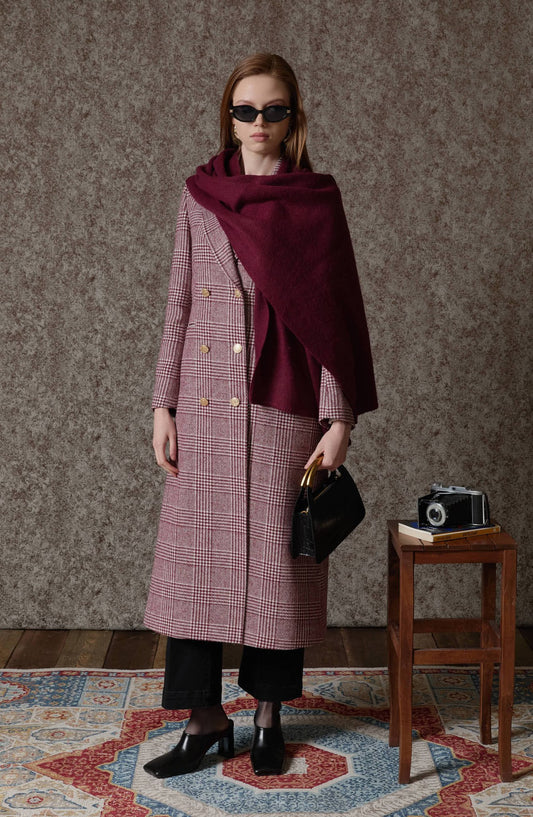 Ekose Kazayağı Bordo Blazer Maksi Ceket Kaban - Fatma Atasoy