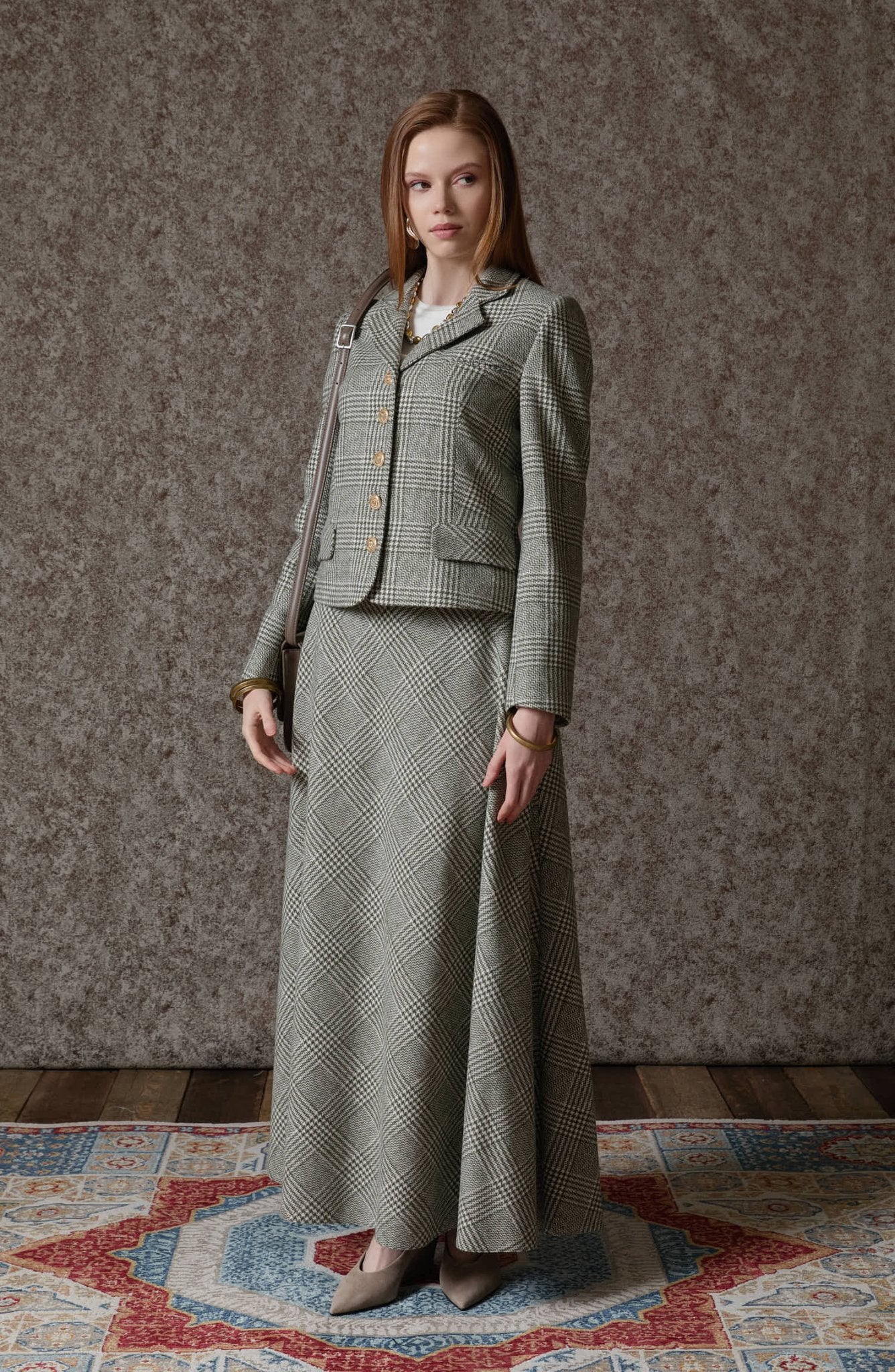 Ekose Kazayağı Haki Blazer Ceket Etek Takım - Fatma Atasoy