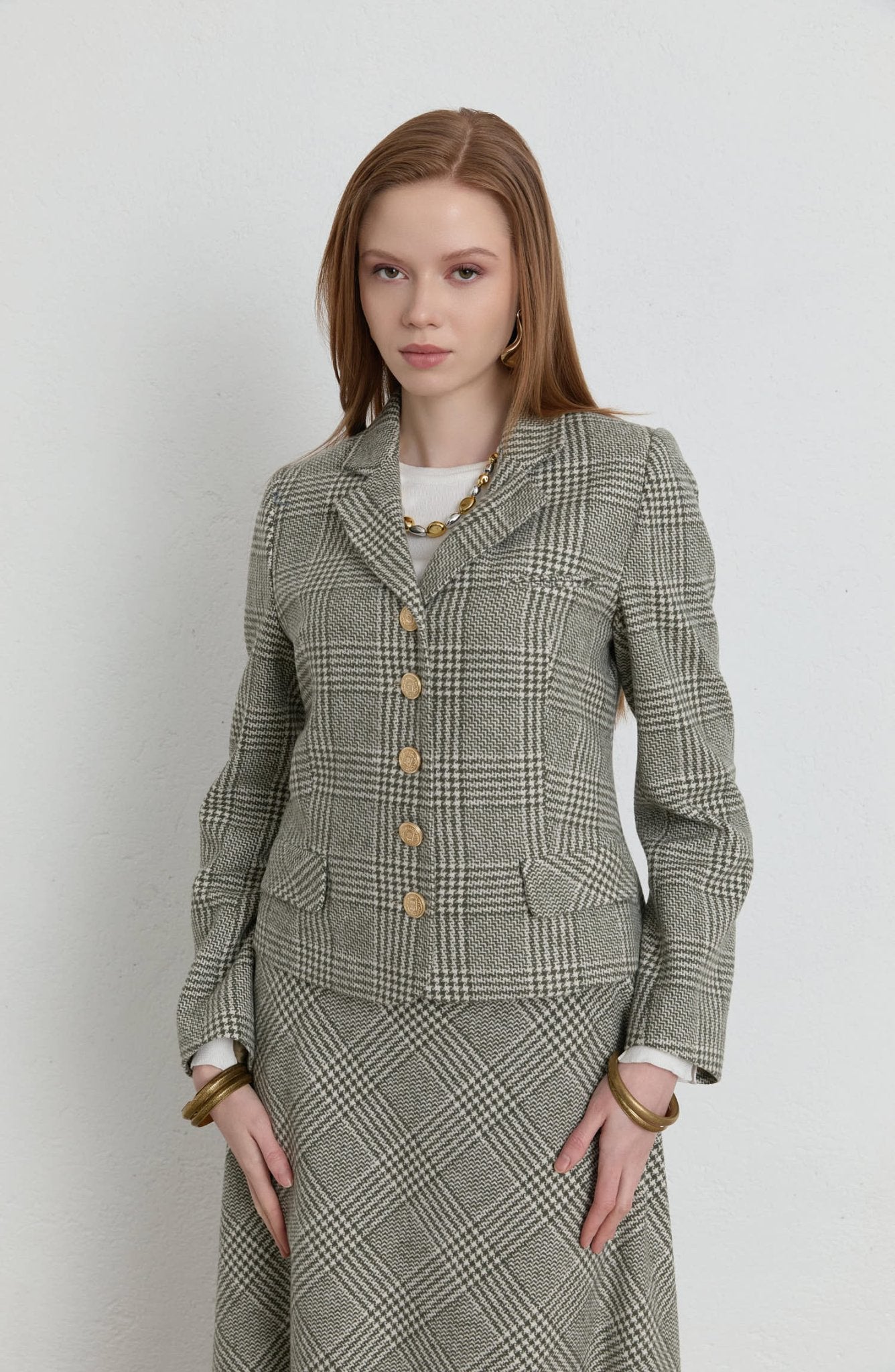 Ekose Kazayağı Haki Blazer Ceket Etek Takım - Fatma Atasoy