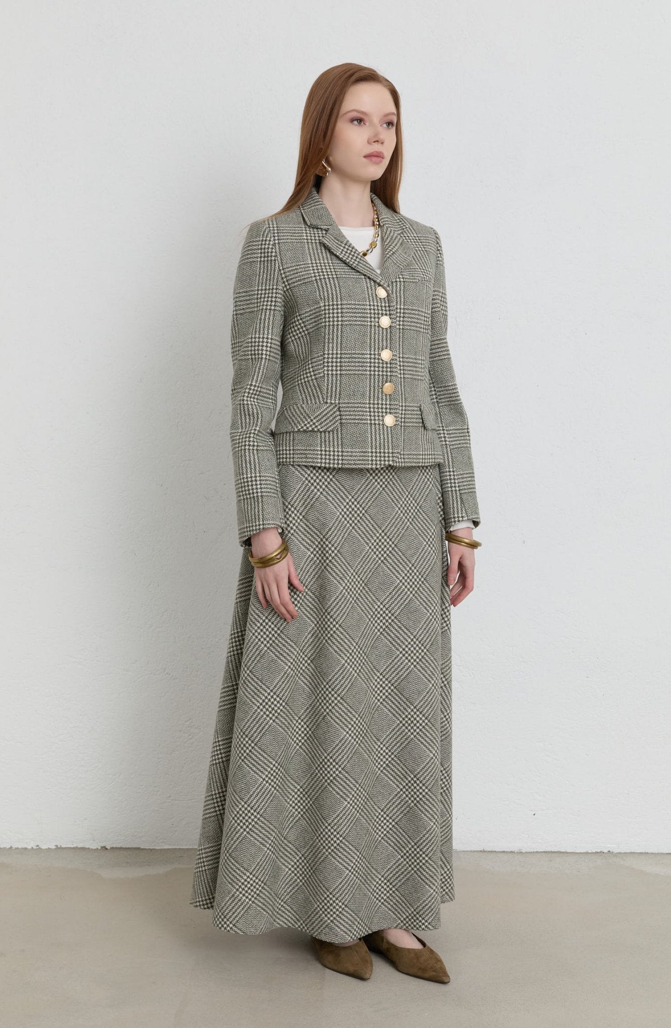 Ekose Kazayağı Haki Blazer Ceket Etek Takım - Fatma Atasoy