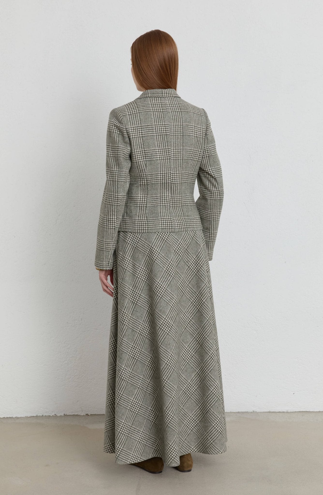 Ekose Kazayağı Haki Blazer Ceket Etek Takım - Fatma Atasoy