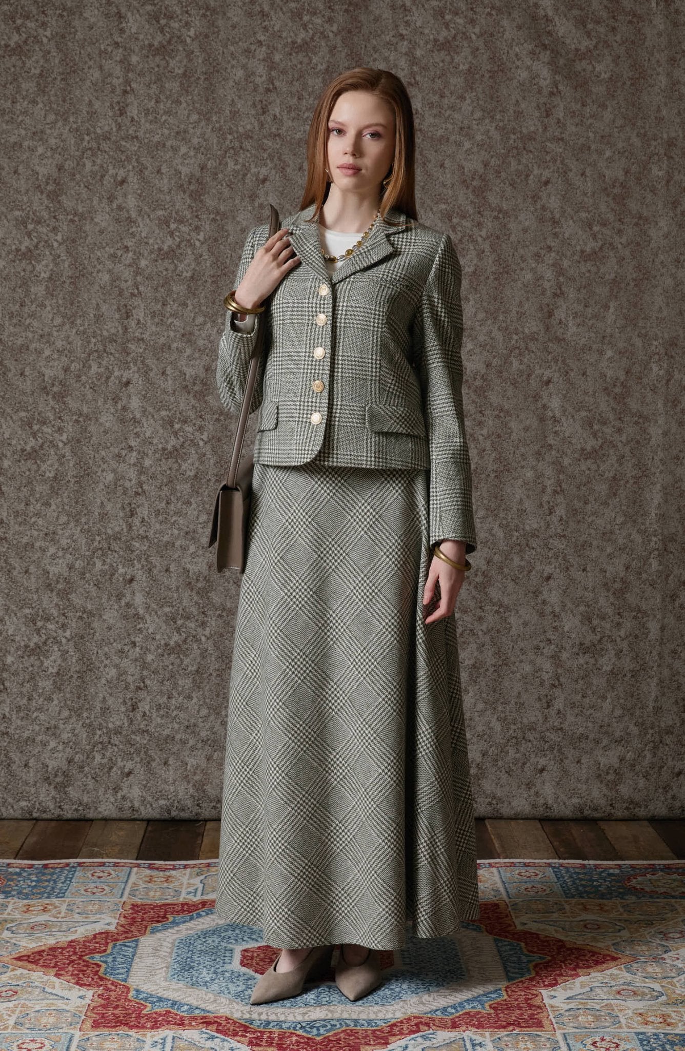 Ekose Kazayağı Haki Blazer Ceket Etek Takım - Fatma Atasoy