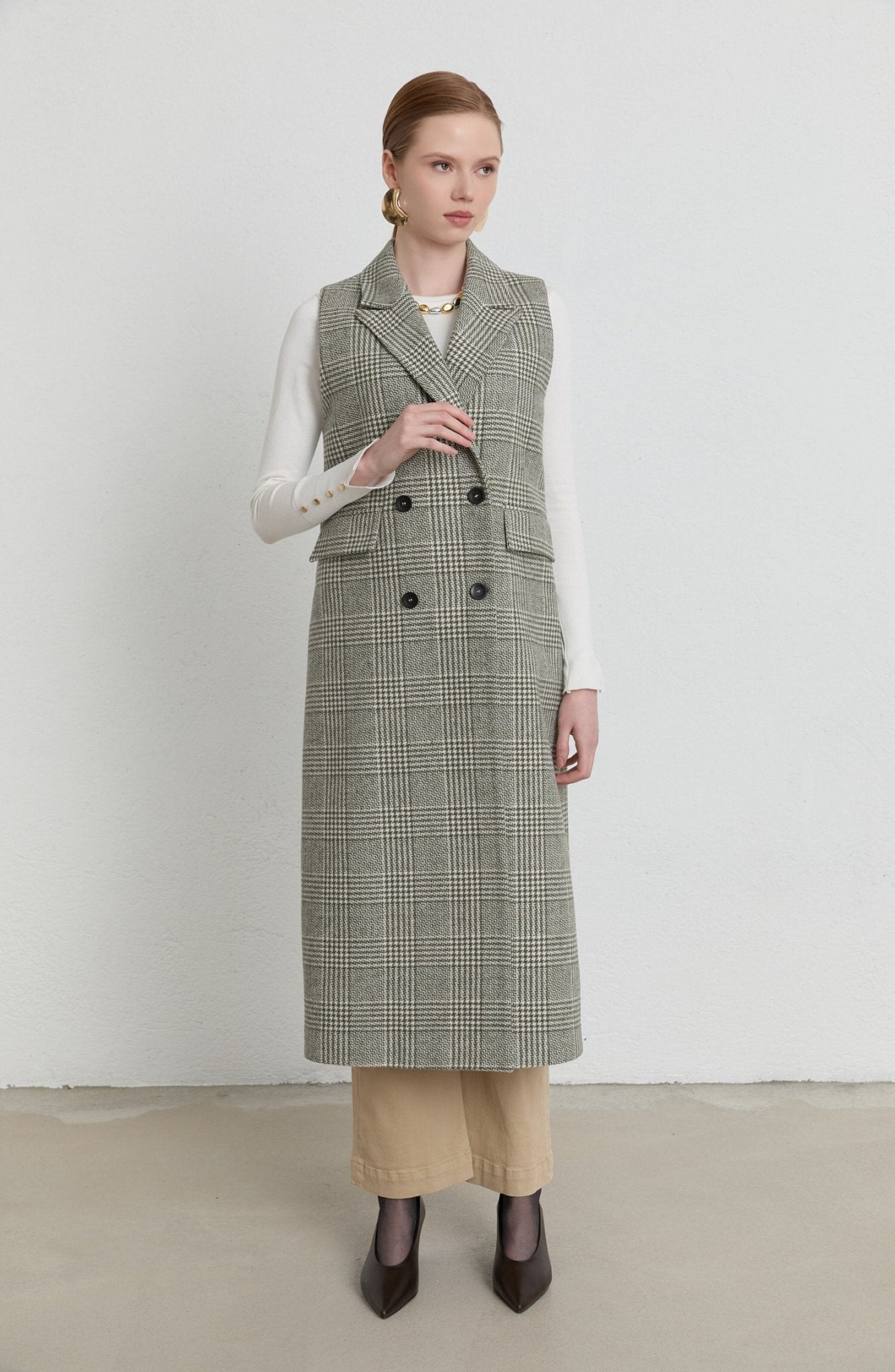 Ekose Kazayağı Haki Maksi Yelek - Fatma Atasoy