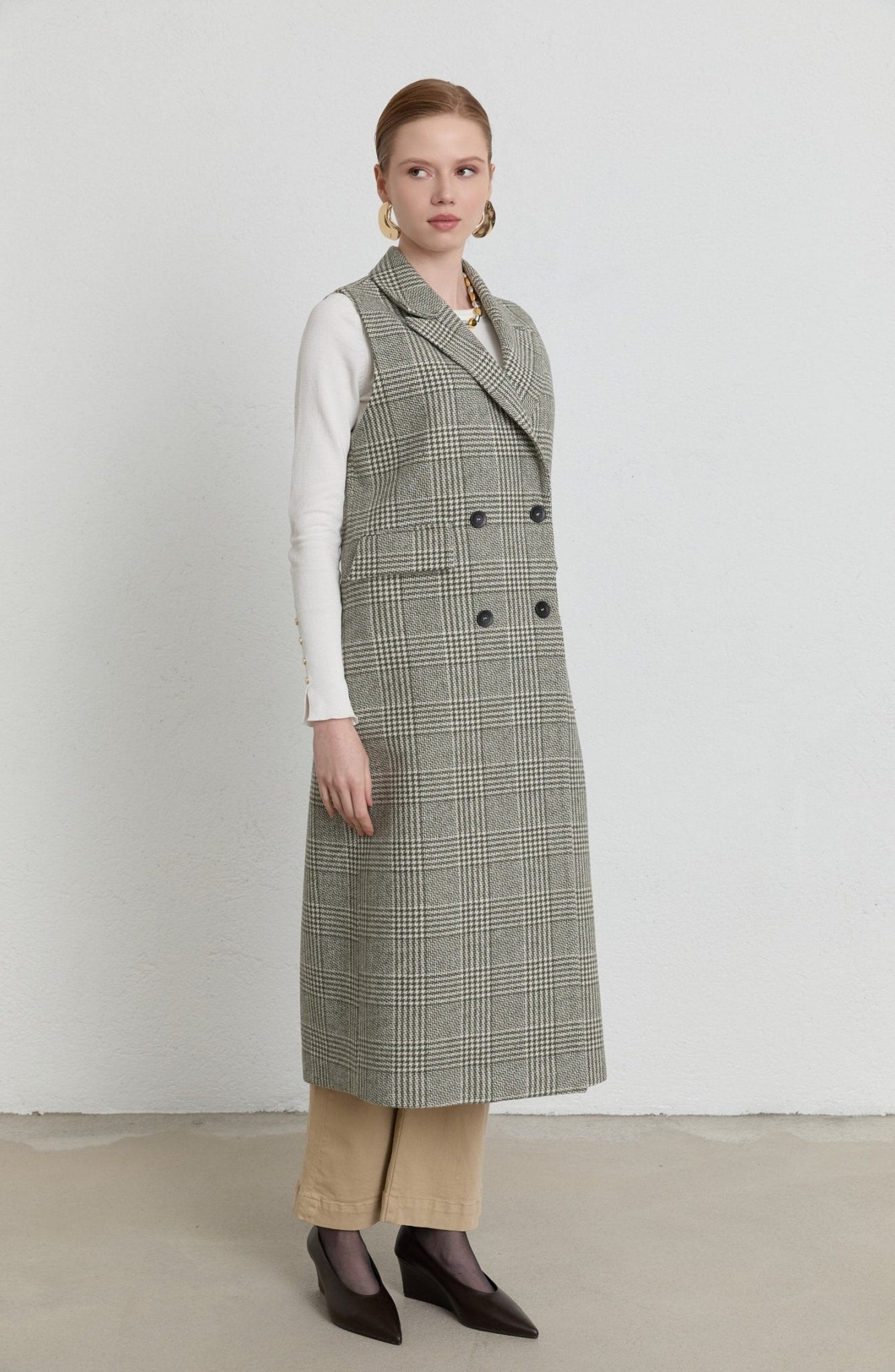 Ekose Kazayağı Haki Maksi Yelek - Fatma Atasoy