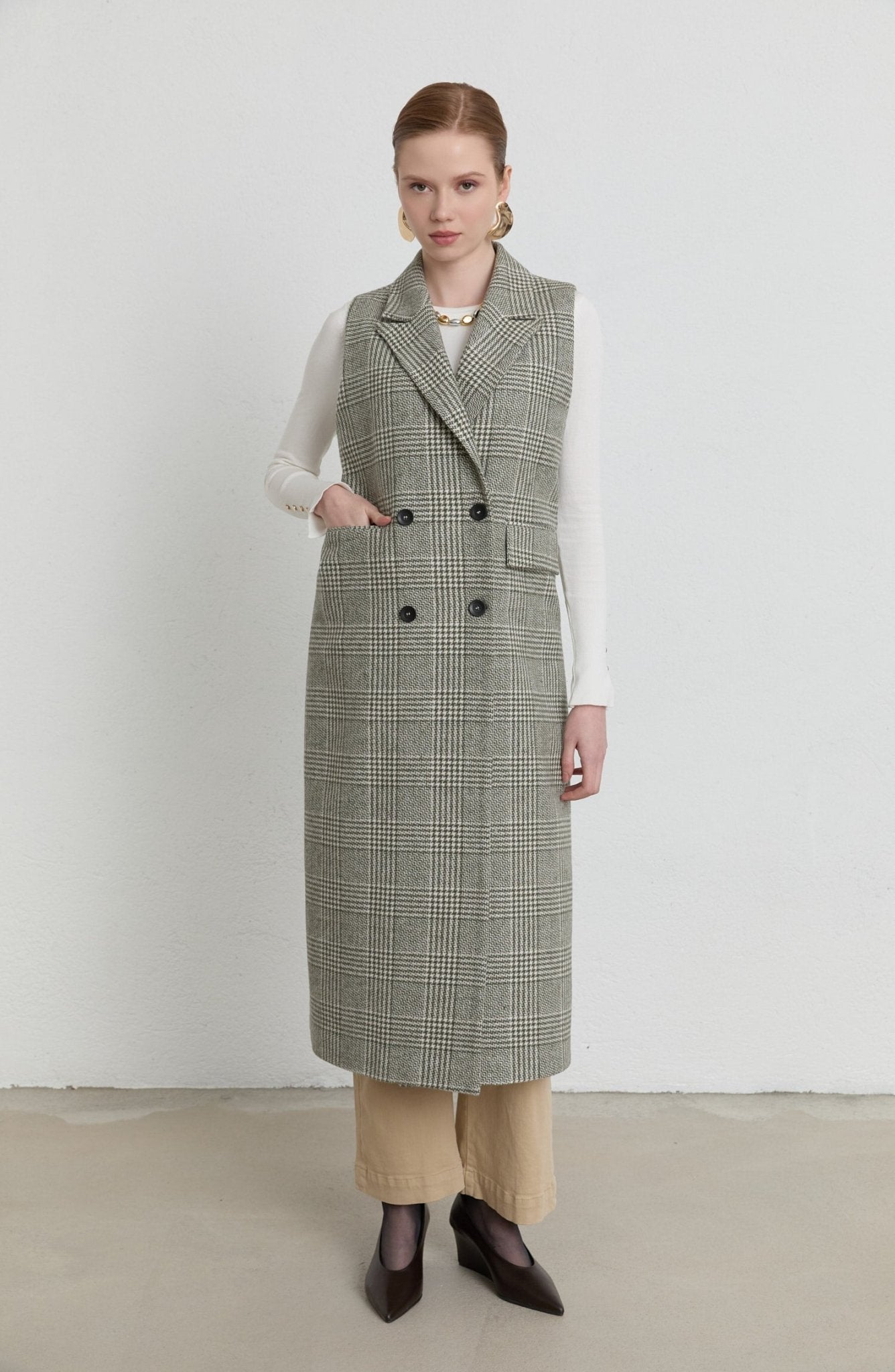 Ekose Kazayağı Haki Maksi Yelek - Fatma Atasoy