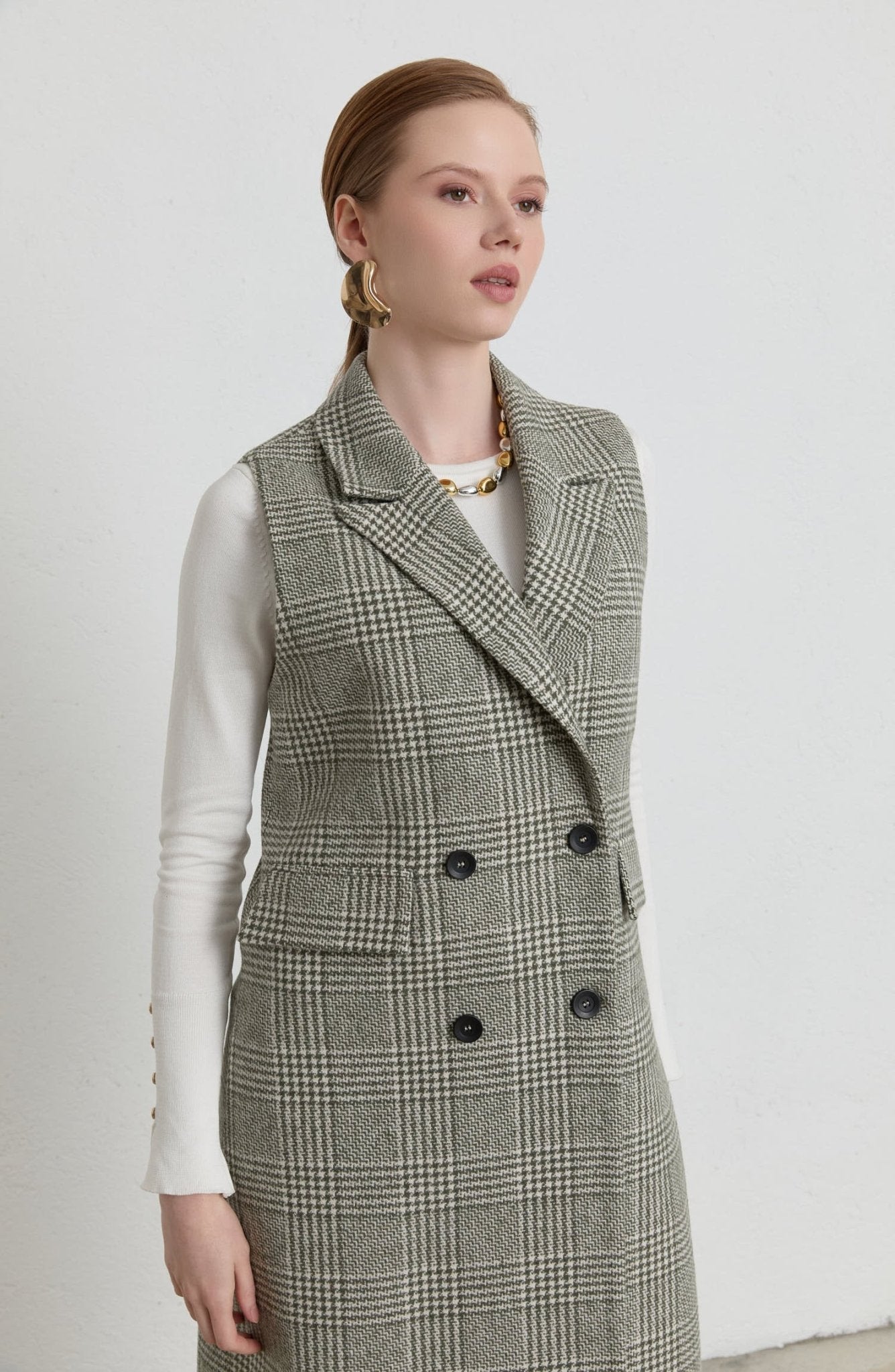 Ekose Kazayağı Haki Maksi Yelek - Fatma Atasoy