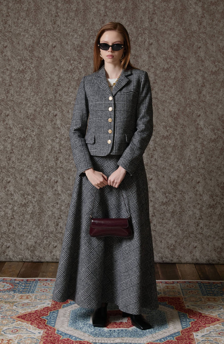 Ekose Kazayağı Siyah Blazer Ceket Etek Takım - Fatma Atasoy