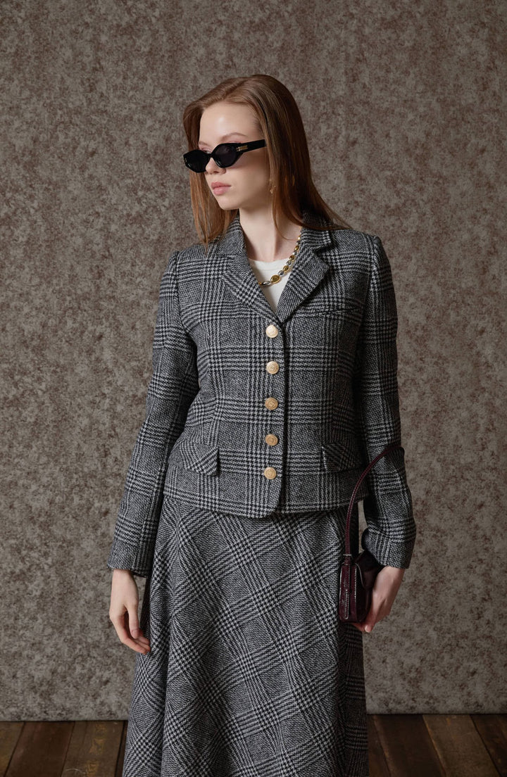 Ekose Kazayağı Siyah Blazer Ceket Etek Takım - Fatma Atasoy