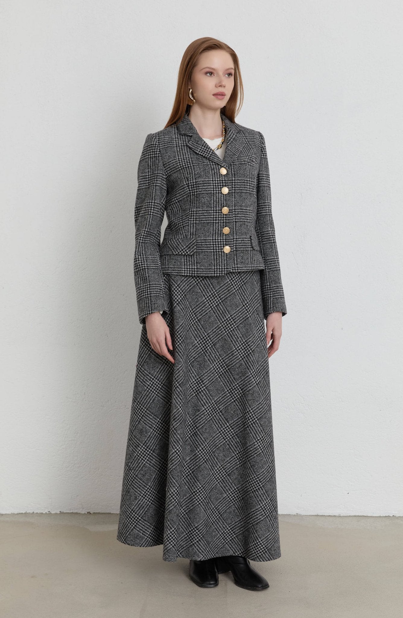 Ekose Kazayağı Siyah Blazer Ceket Etek Takım - Fatma Atasoy