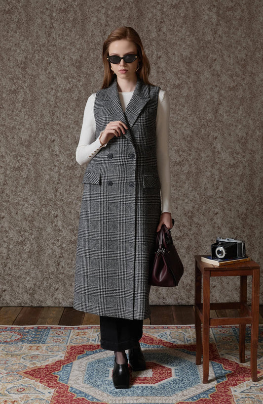 Ekose Kazayağı Siyah Maksi Yelek - Fatma Atasoy