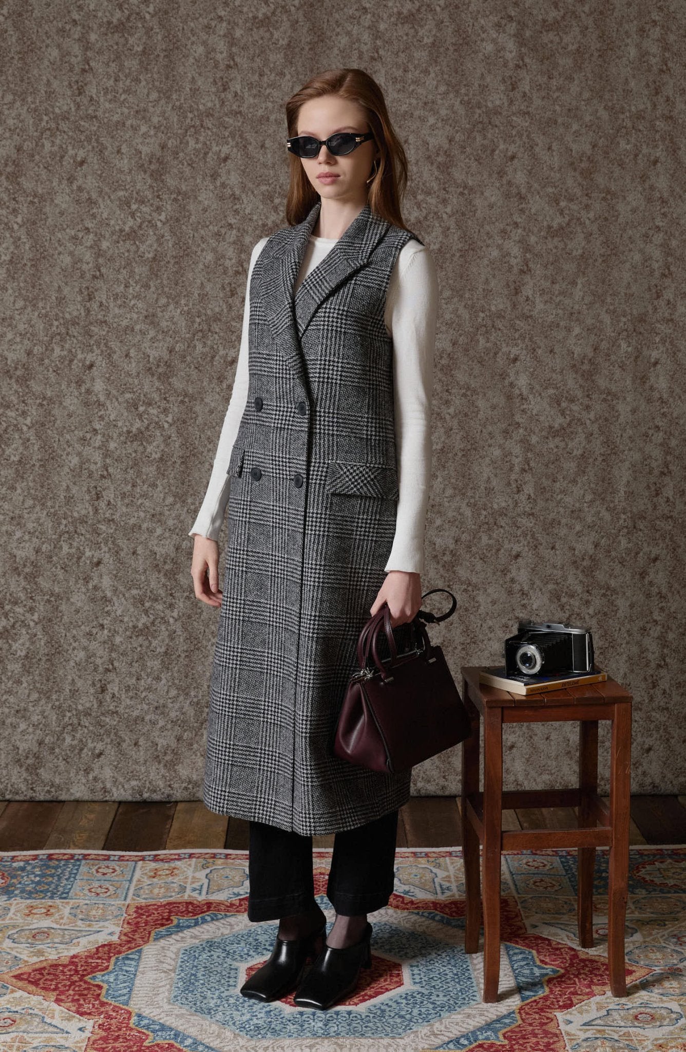 Ekose Kazayağı Siyah Maksi Yelek - Fatma Atasoy