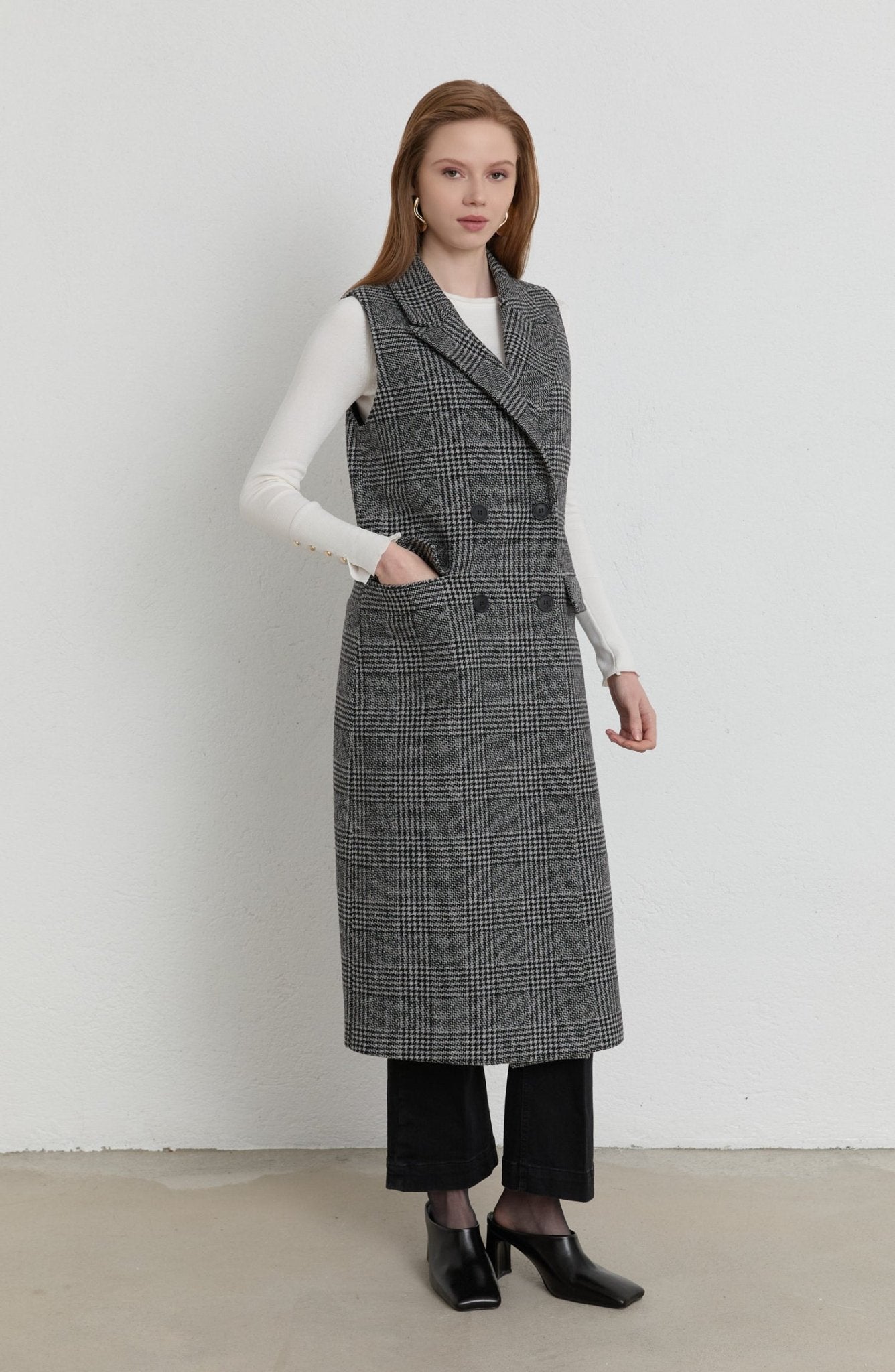 Ekose Kazayağı Siyah Maksi Yelek - Fatma Atasoy