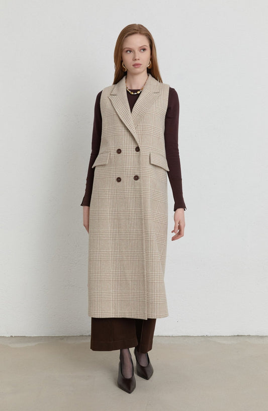 Ekose Kazayağı Taş Maksi Yelek - Fatma Atasoy