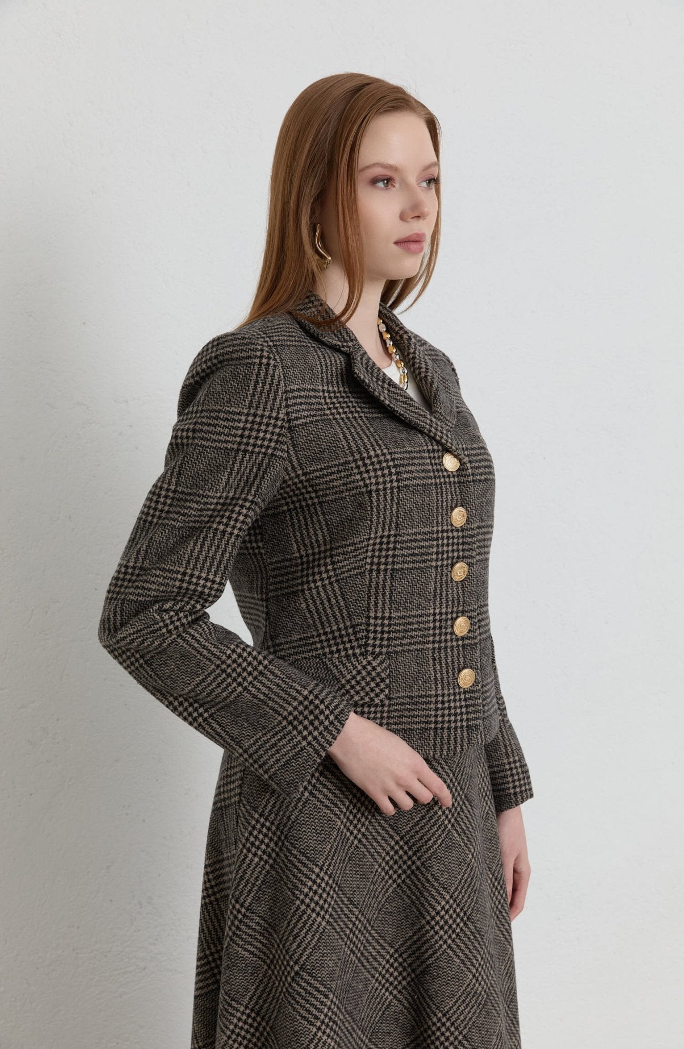 Ekose Kazayağı Vizon Blazer Ceket Etek Takım - Fatma Atasoy