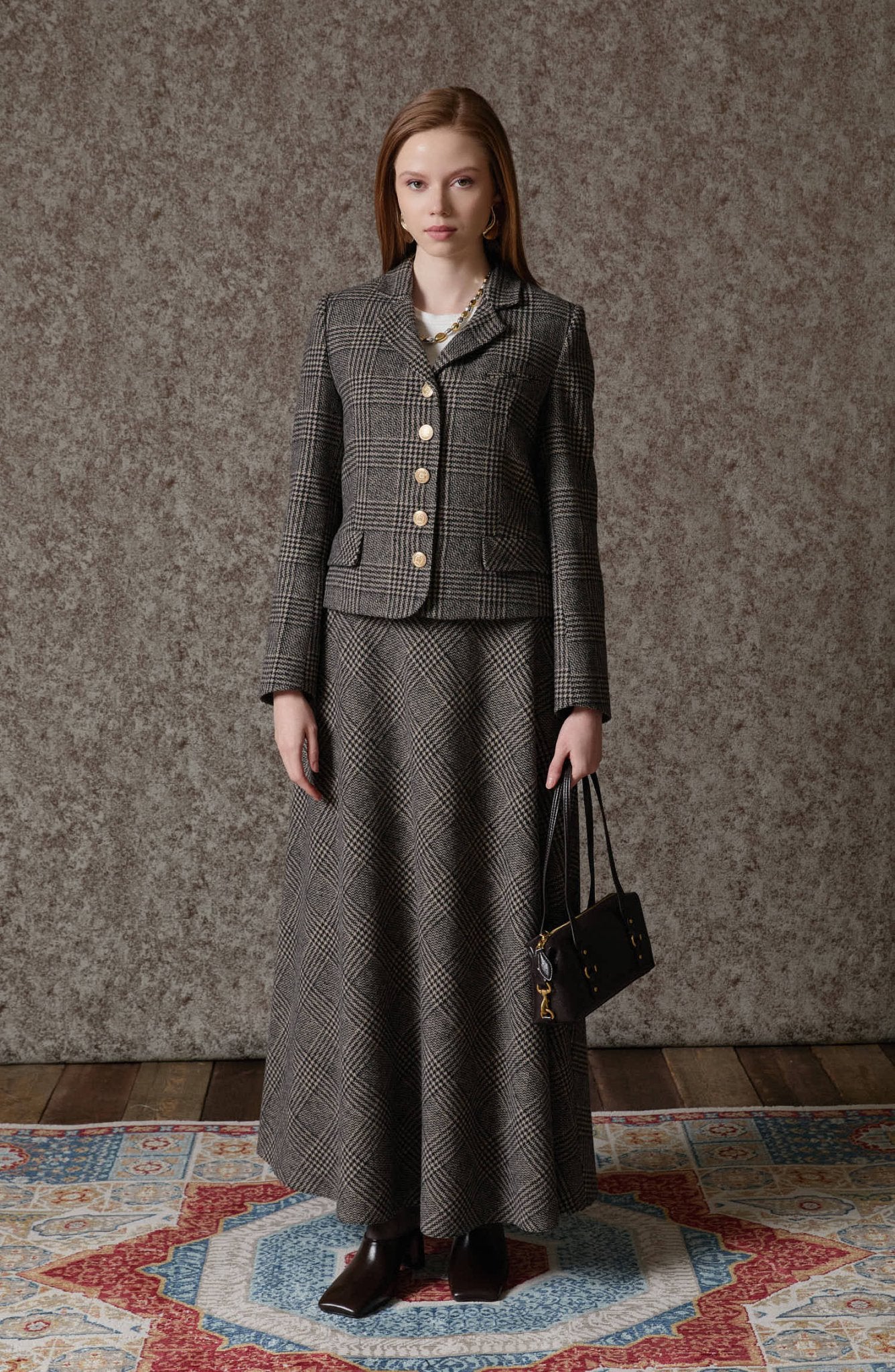 Ekose Kazayağı Vizon Blazer Ceket Etek Takım - Fatma Atasoy