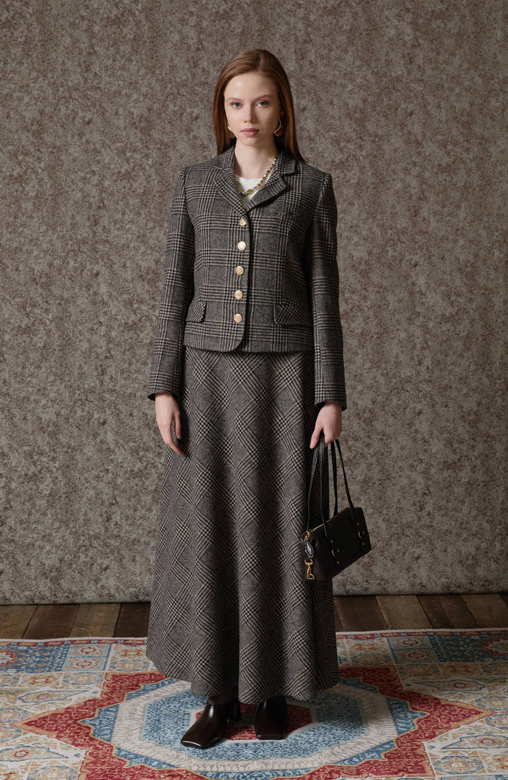 Ekose Kazayağı Vizon Blazer Ceket Etek Takım - Fatma Atasoy