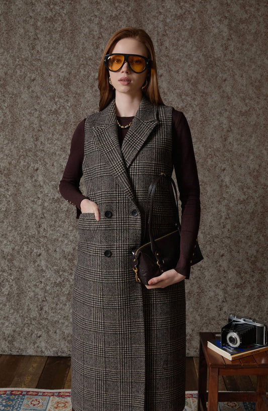 Ekose Kazayağı Vizon Maksi Yelek - Fatma Atasoy