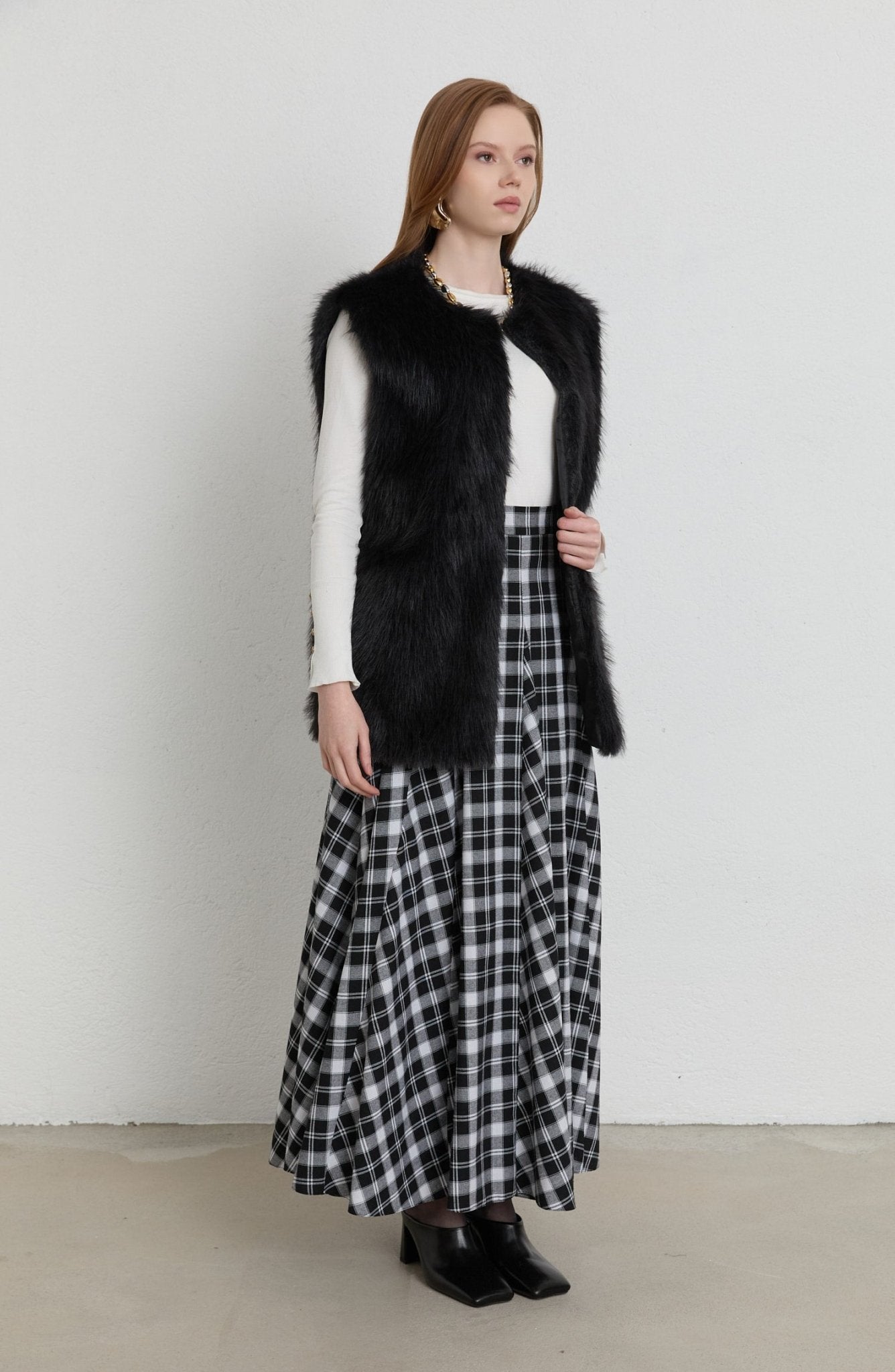 Ekose Siyah Parçalı Etek - Fatma Atasoy