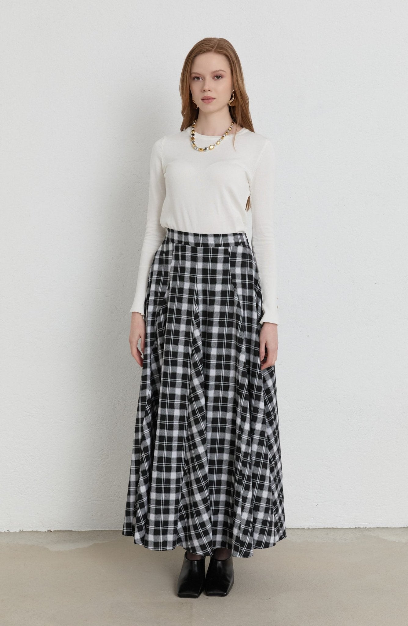 Ekose Siyah Parçalı Etek - Fatma Atasoy