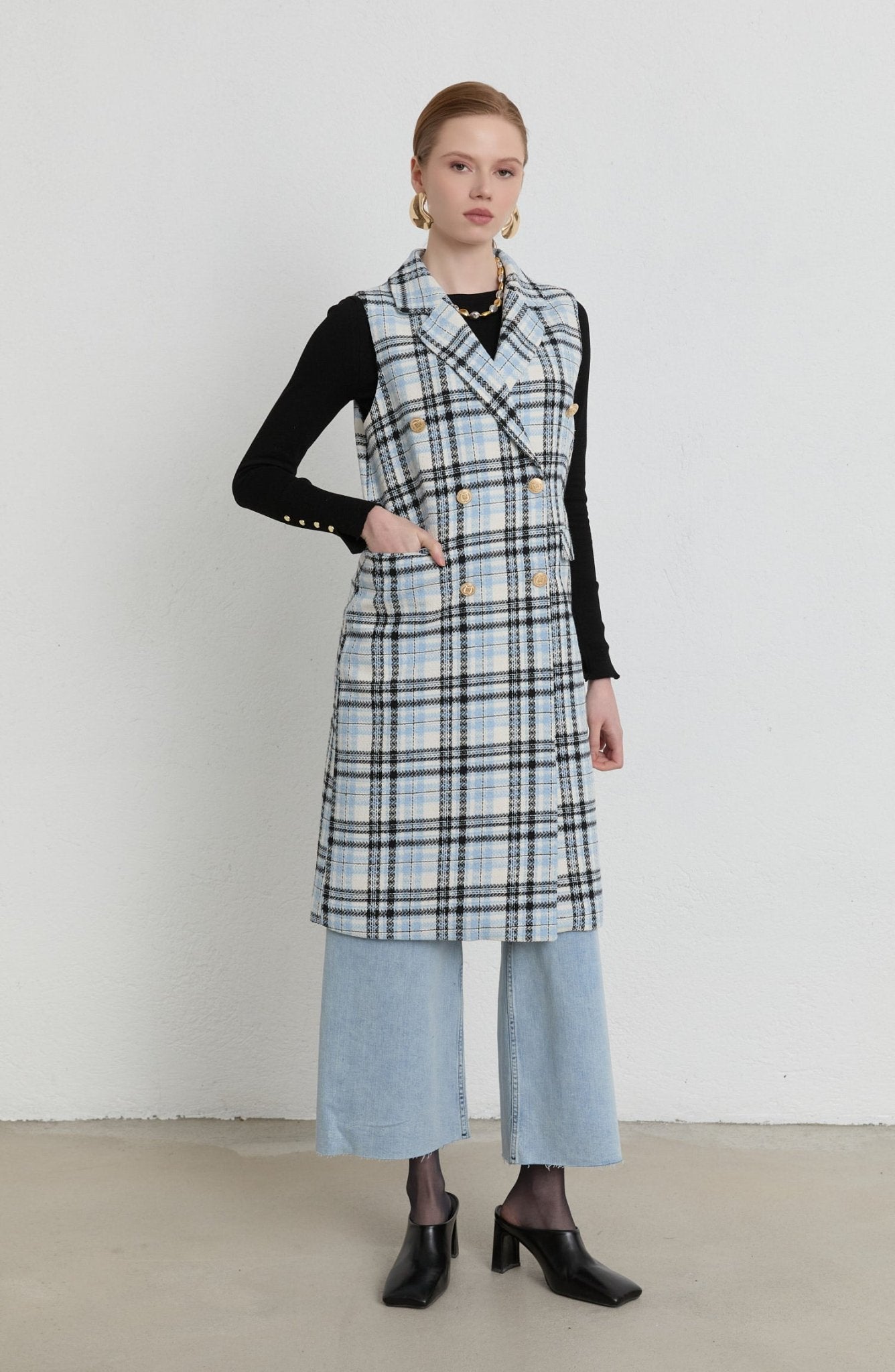 Ekose Tüvit Bebe Mavi Blazer Yelek - Fatma Atasoy