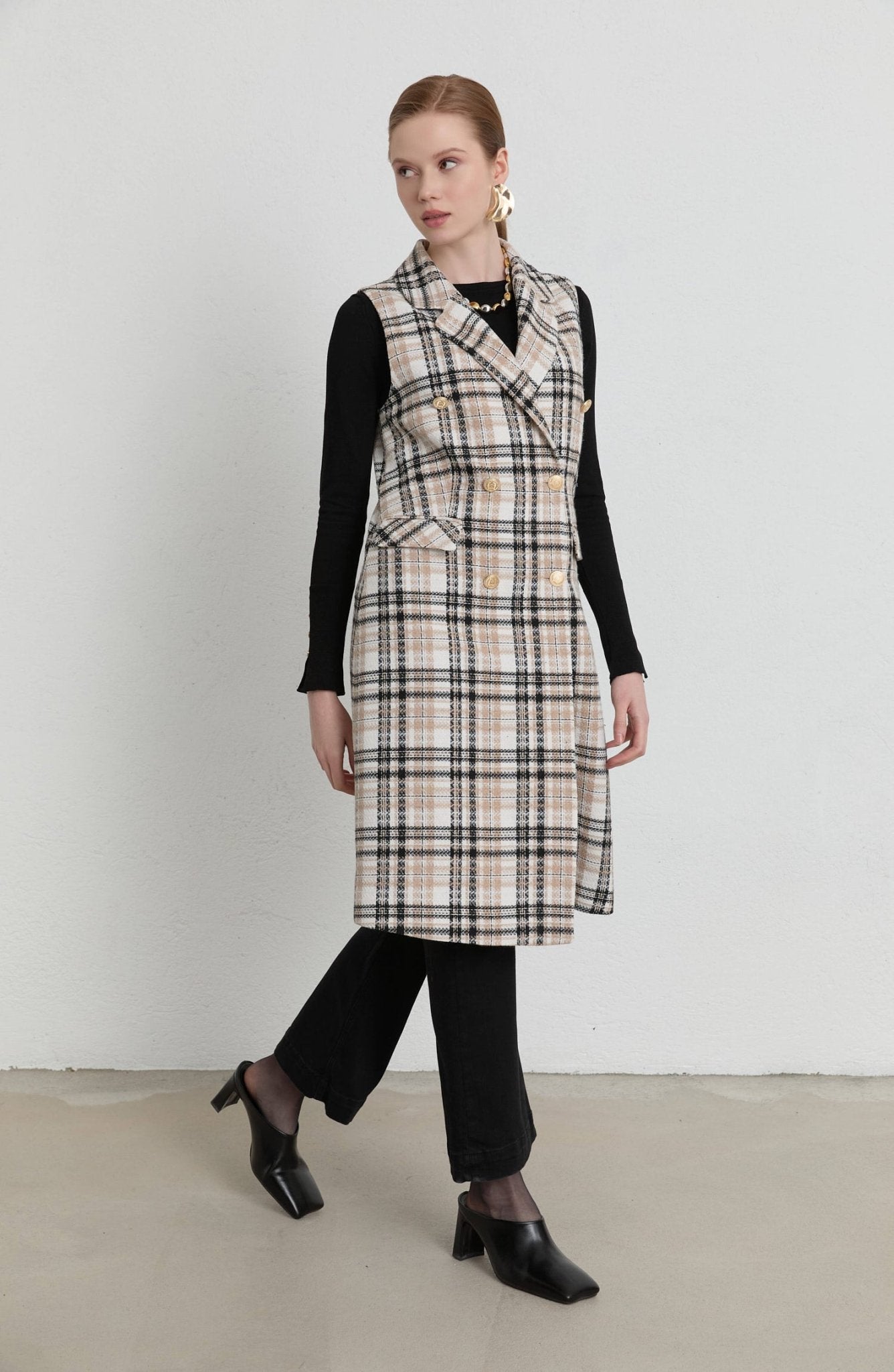 Ekose Tüvit Taş Blazer Yelek - Fatma Atasoy