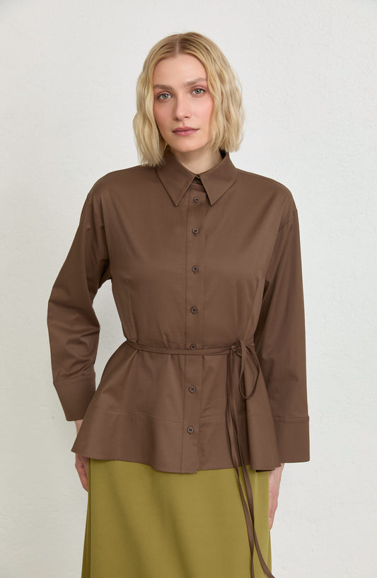 Peplumlu Kahverengi Pamuk Gömlek
