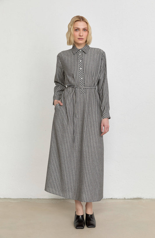 Çizgili Siyah Keten Gömlek Elbise