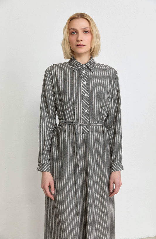 Çizgili Siyah Keten Gömlek Elbise