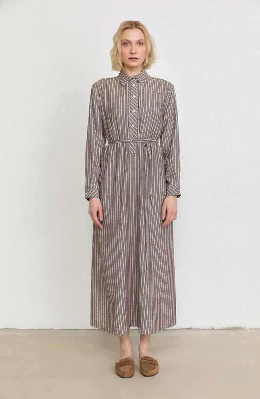 Çizgili Acı Kahve Keten Gömlek Elbise