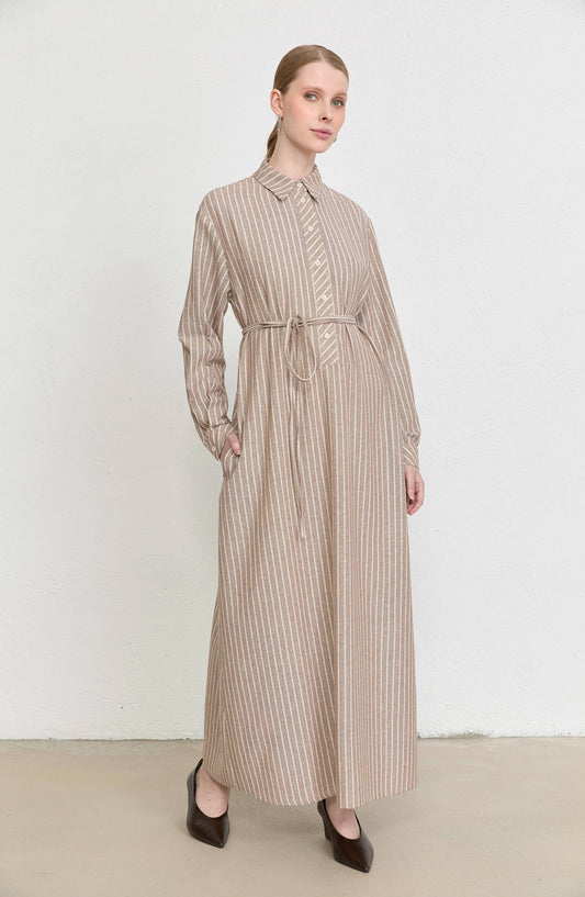 Çizgili Sütlü Kahve Keten Gömlek Elbise