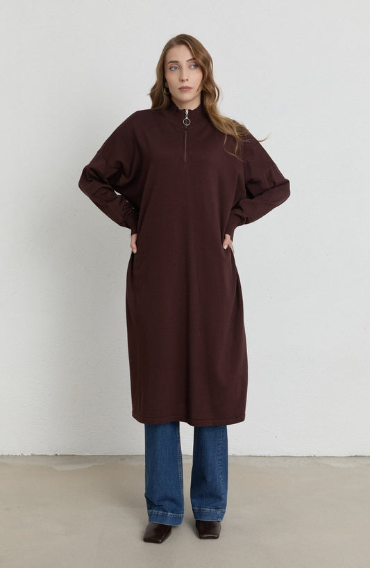 Fermuarlı Acı Kahve Maksi Merserize Triko Tunik - Fatma Atasoy