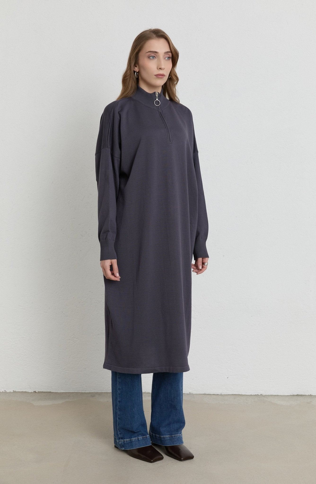 Fermuarlı Antrasit Maksi Merserize Triko Tunik - Fatma Atasoy